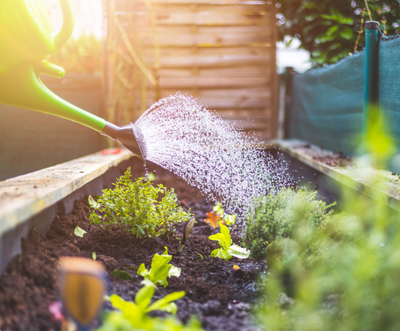 A watering can showering water onto a raised garden bed. 